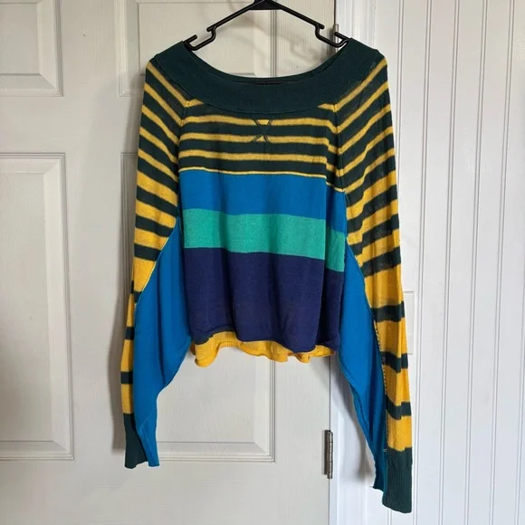 Free People Block Party Pullover Top Striped Oversized linen blend Knit Sweater - Picture 2 of 11